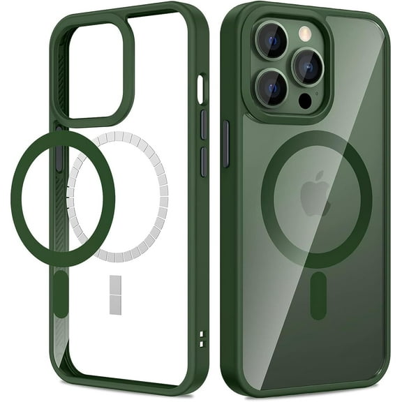 for iPhone 13 Pro Max Magnetic Case, Clear Hard PC Back Cover Shockproof Protective Slim Bumper Case with Built-in Strong Magnets for iPhone 13 Pro Max & iPhone 12 Pro Max 6.7"- Alpine Green