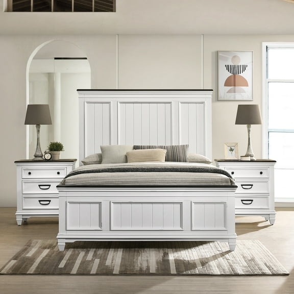 3 Bedroom . Panel Queen Bed & 2 Nightstands. Antique White gray Look. Solid Wood Construction. Modern Vibe. Distressed Mark Finish. Delicate Trim