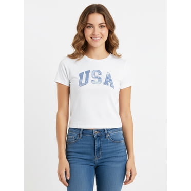 USA Patchwork Women's Graphic Cropped Baby Tee with Short Sleeves, Sizes XXS-XXL