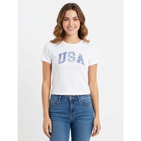 USA Patchwork Women's Graphic Cropped Baby Tee with Short Sleeves, Sizes XXS-XXL