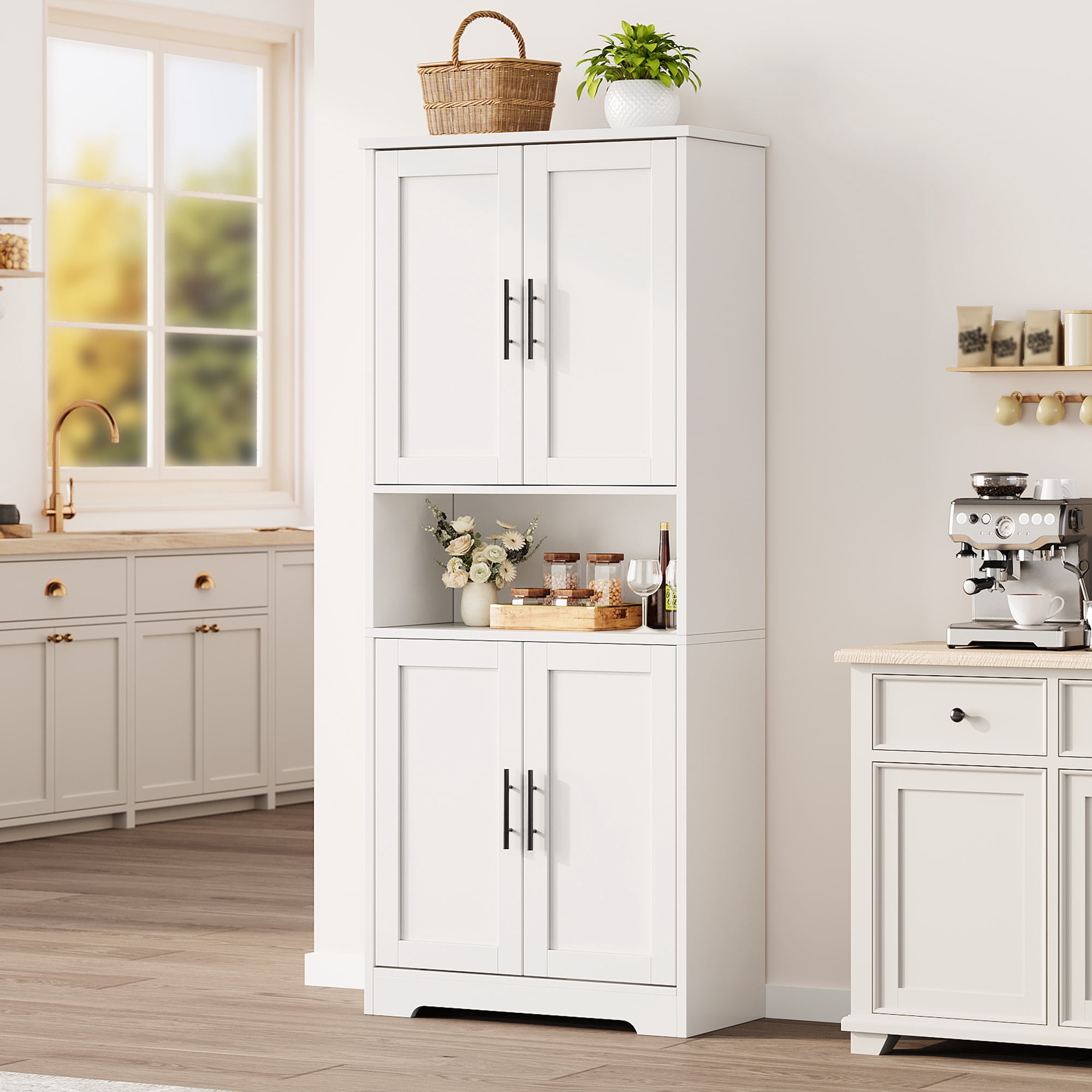 Freestanding Pantry Cabinet - 70 Inch Tall with 4 Doors & 3 Shelves, white