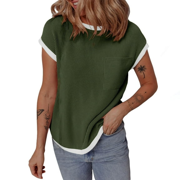 STETMN Womens Summer Cap Sleeve Tops Ribbed Knit Color Block Tee Blouses Trendy Summer T Shirts with Pocket