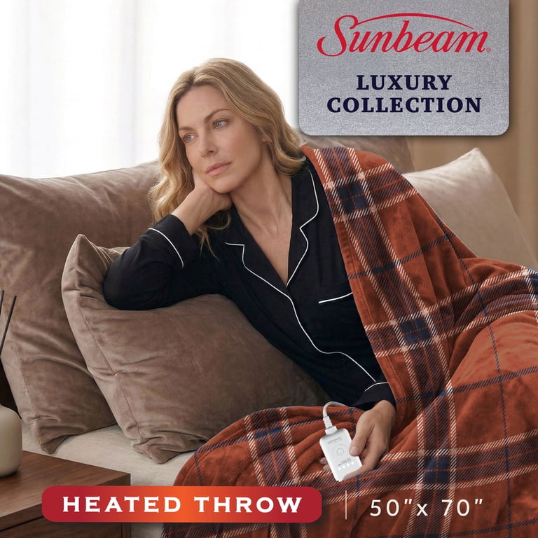 Sunbeam Heated Electric Luxe Plush Throw Blanket, Brown Blue photo 2