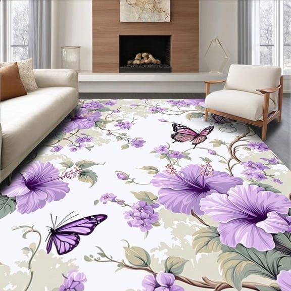 ODIKA 4'x6' Machine Washable Non-Slip Area Rug, Vintage Lilac Hibiscus with Motifs and Delicate Floral High Traffic Rug, White, 59726