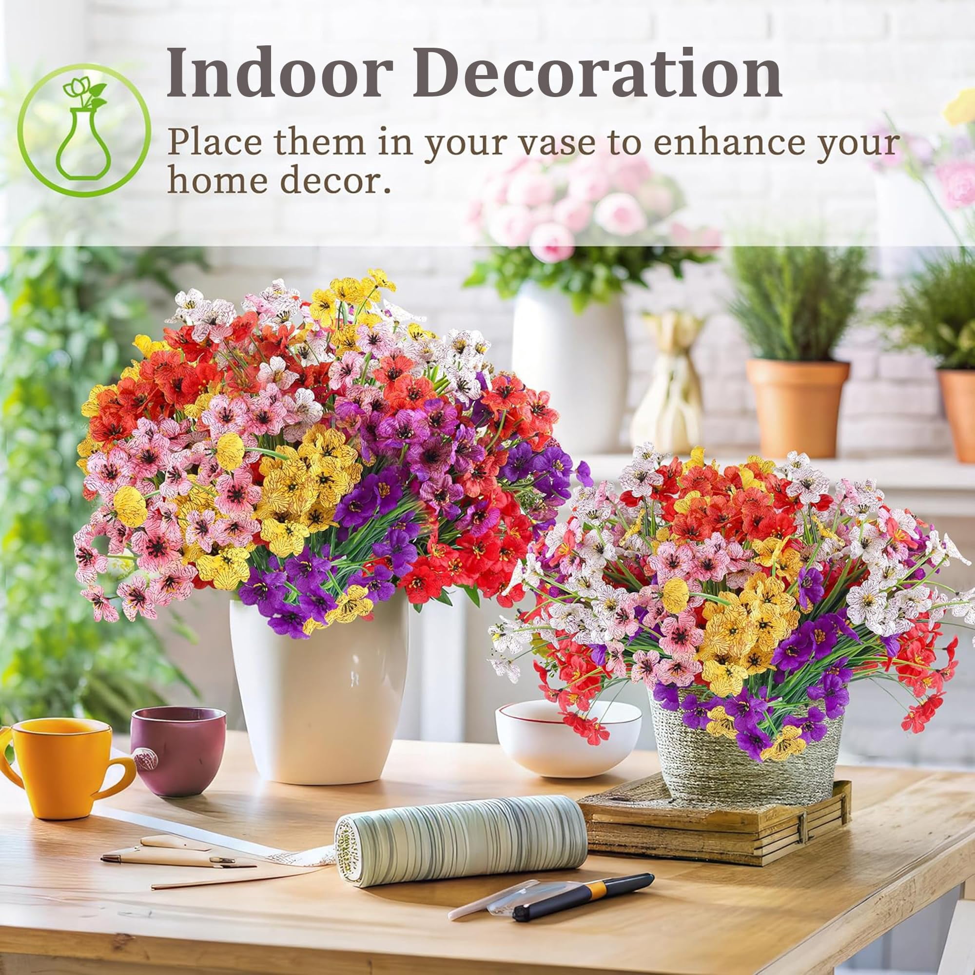 24 Bundles Artificial Flowers for Outdoors, Fake Silk Violet Flowers Faux Plants UV Resistant for Hanging Planters Window Box Front Porch Indoor Outside Decorations (6 Colors Assorted)