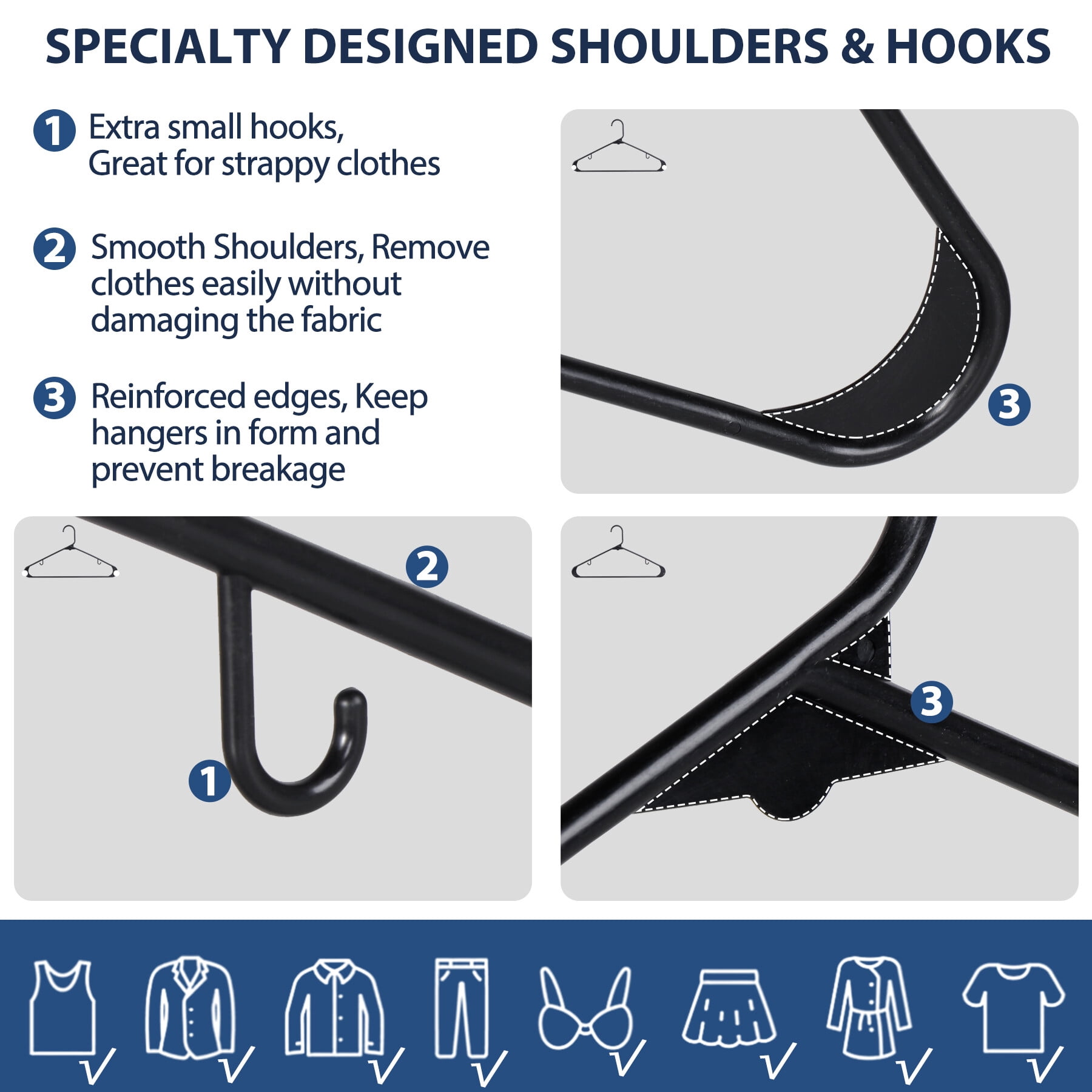 ZENY Clothes Hangers Flocked No-slip Durable Jacket Hangers (100pcs, Black, Plastic)