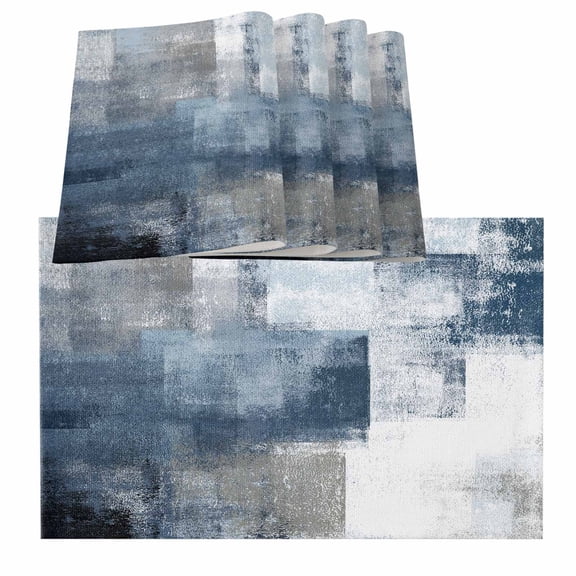 Blue Placemats for Dinning Table Set of 4, Retro Oil Painted Modern Abstract Art Burlap Kitchen Place Mats Waterproof Cloth Table Mats, Indoor Outdoor Placemats Easy Clean Dinner Decor