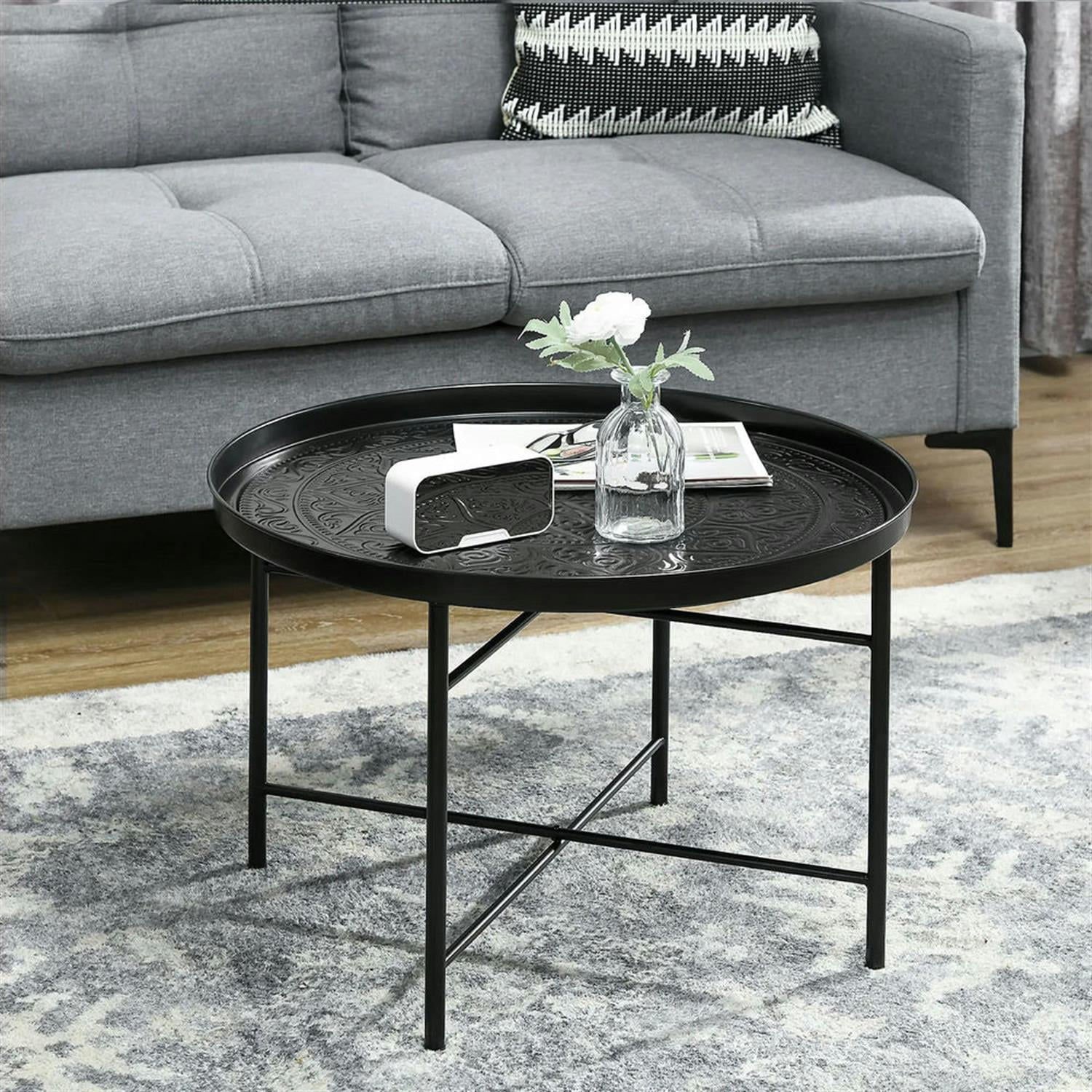 Demi Bonn 24" Round Living Room Coffee Table with Hammered Metal Frame, Pewter for Bedroom, Stylish Center Table, Black