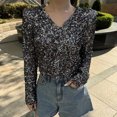 thumbnail image 7 of Plus Size Women's V-Neck Long Sleeve Sequin Decorative Fashion Crop Top with Buttons, 7 of 7