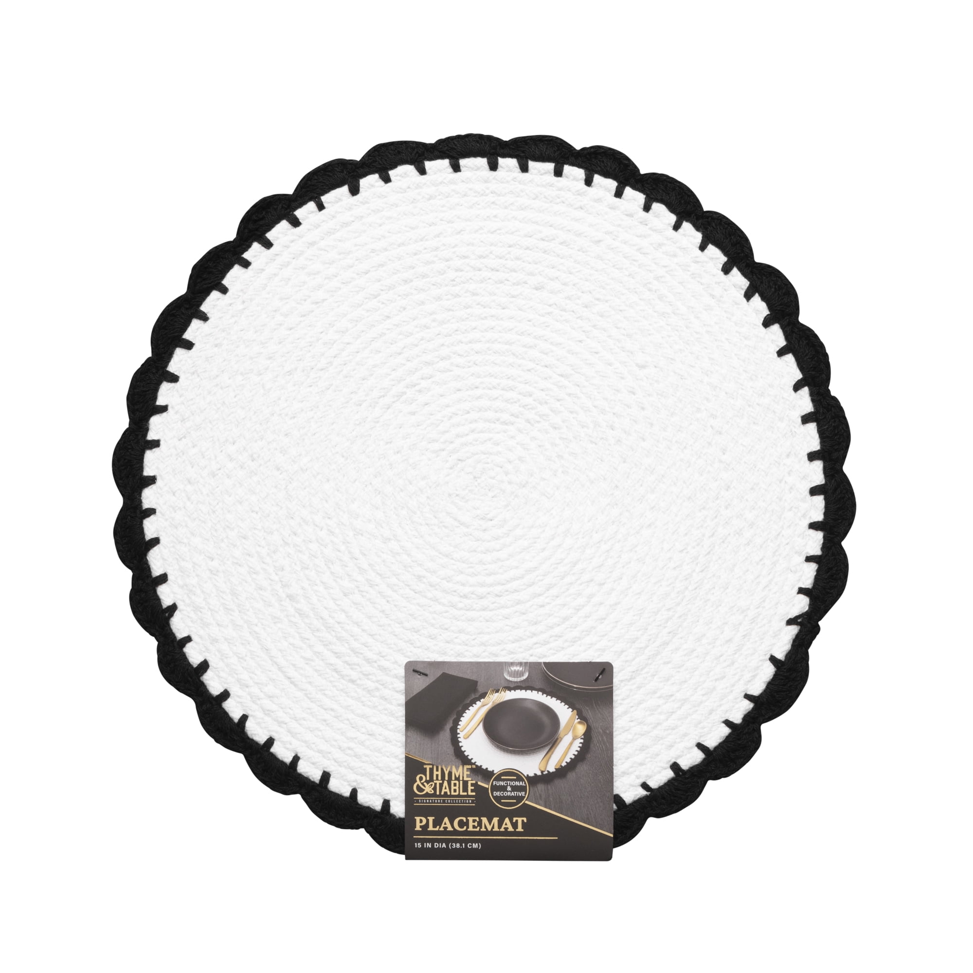 (4 pack) Thyme & Table Placemat, White Crochet with Black Trim, 15" Round
