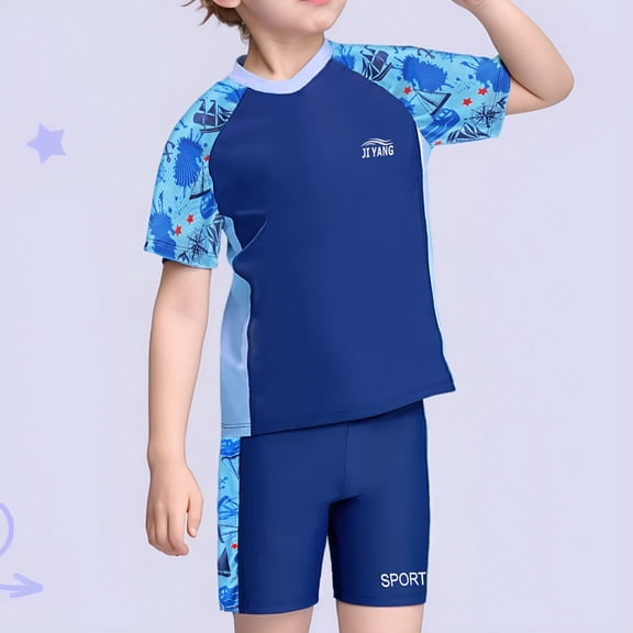 Toddler Swimsuit Boy Youth Boys Short Sleeve Print Two Piece Swimsuits Set Girls Bathing Suit Navy 7-8 Years