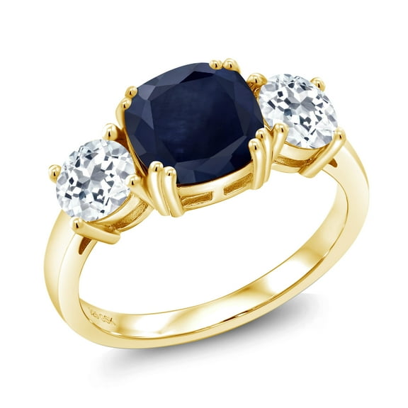 Gem Stone King 18K Yellow Gold Plated Silver Blue Sapphire and White Topaz 3 Stone Engagement Ring for Women (4.02 Cttw, Gemstone September Birthstone, Cushion 8MM, Size 5)
