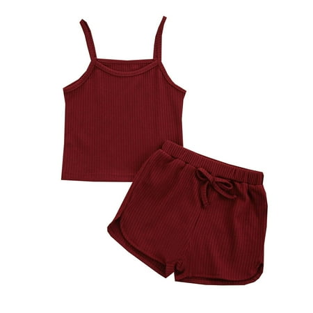 

YWDJ Girls Outfit Sets Summer Girl Sports Solid Color Suit Girls Sleeveless Sling Vest Shorts Suit Wine 100