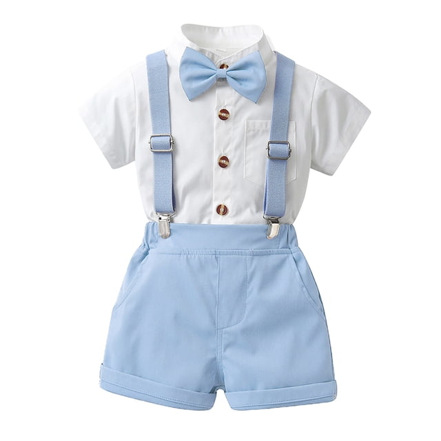 Odeerbi Chicos 4 Piezas Caballero Traje Formal Color Bloque Rayas Vestido Camisa y Traje Cortos Con Colgantes Corbata de Proa Conjunto de Uniforme Escolar
