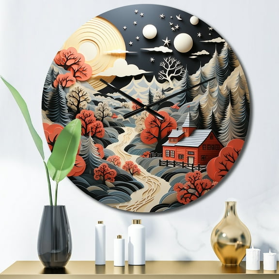 Designart "Winter Retreat at the Barn in Papercut II" Countryside Oversized Wall Clock