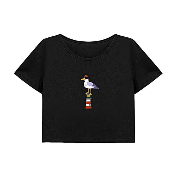 Camiseta corta informal para mujer, disfraz de verano, camisa suave con cuello redondo para regalo de playa para mujer M
