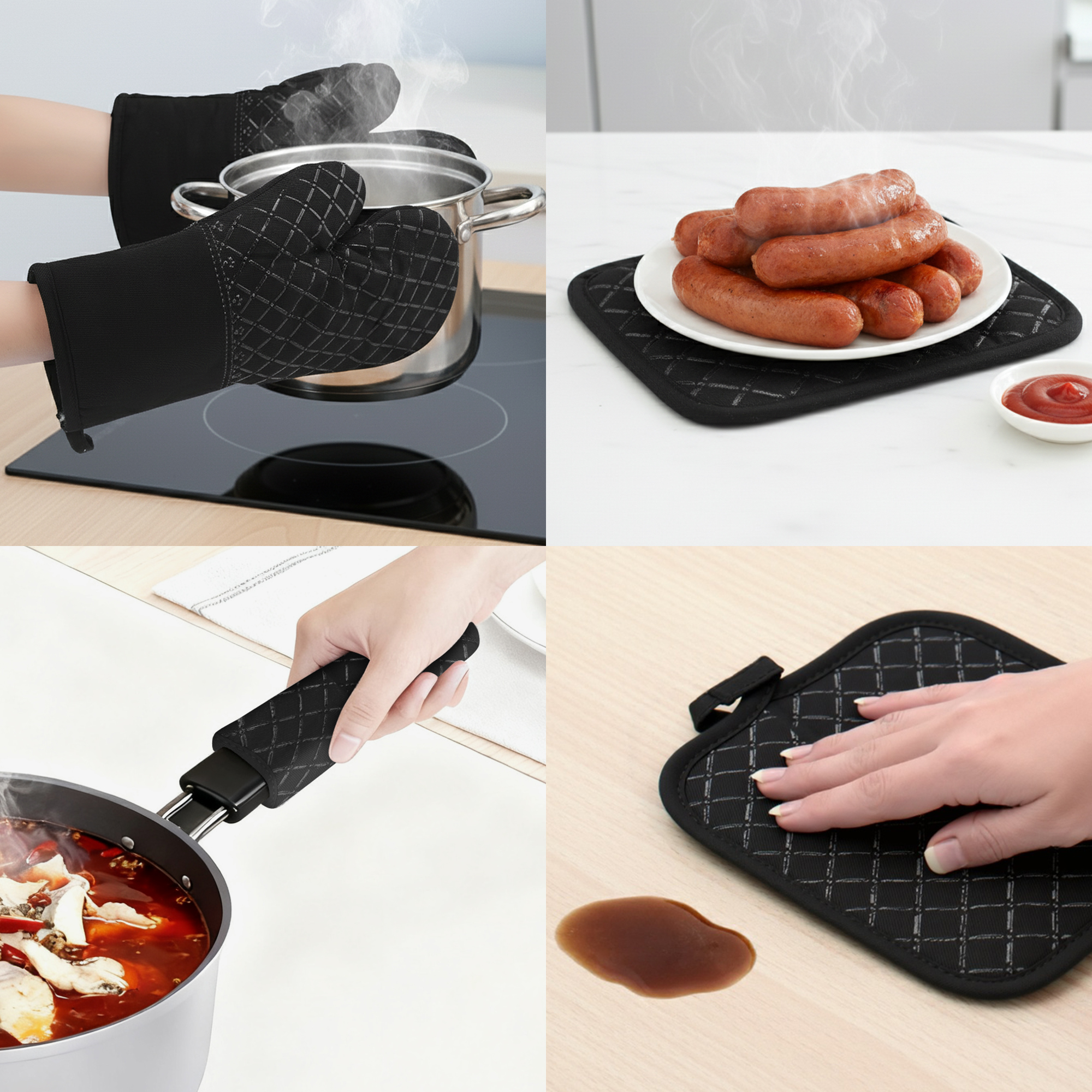 Unique Bargains Silicone Cotton Heat-Resistant 2 Pcs Kitchen Mitts Black 11.8x6.7inch