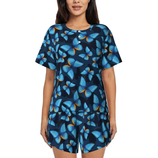 Balery Blue Butterfly Conjunto de Pijama para Mujer con Estampado, Dos Piezas de Manga Corta y Shorts, Ropa de Dormir Suave con Cuello Redondo y Bolsillos-Small