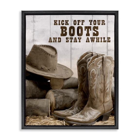Stupell Industries Rustic Lodge Kick Off Boots Stay Awhile Phrase Black Floating Frame Canvas Art, 25 x 31, by Kim Allen