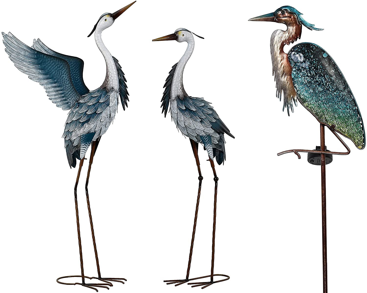 40.7 inch Metal Blue Heron Cranes Garden Statues + 42 inch Glass Heron