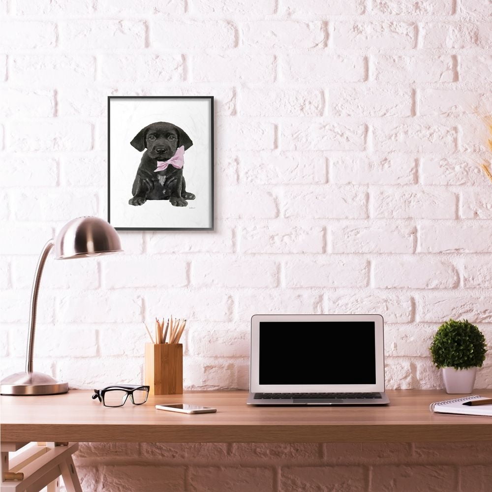 Stupell Industries Black Puppy Pink Bow Cute Pet Dog Watercolor Framed Wall Art by Amanda Greenwood