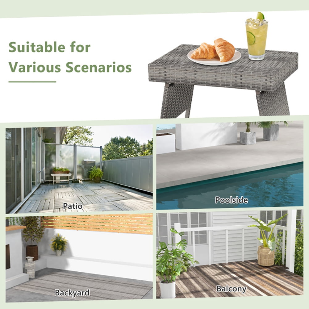 Aimee Lii Folding PE Rattan Side Coffee Table Patio Garden Furniture, Outdoor Patio Furniture, Gray