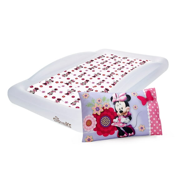 The Shrunks Portable Toddler Travel Bed | Minnie Mouse Kids Air Mattress Inflatable Bed with Safety Side Rails | Blow Up Floor Bed and Pink Disney Minnie Mouse Crib Sheet and Pillowcase Set for Girls