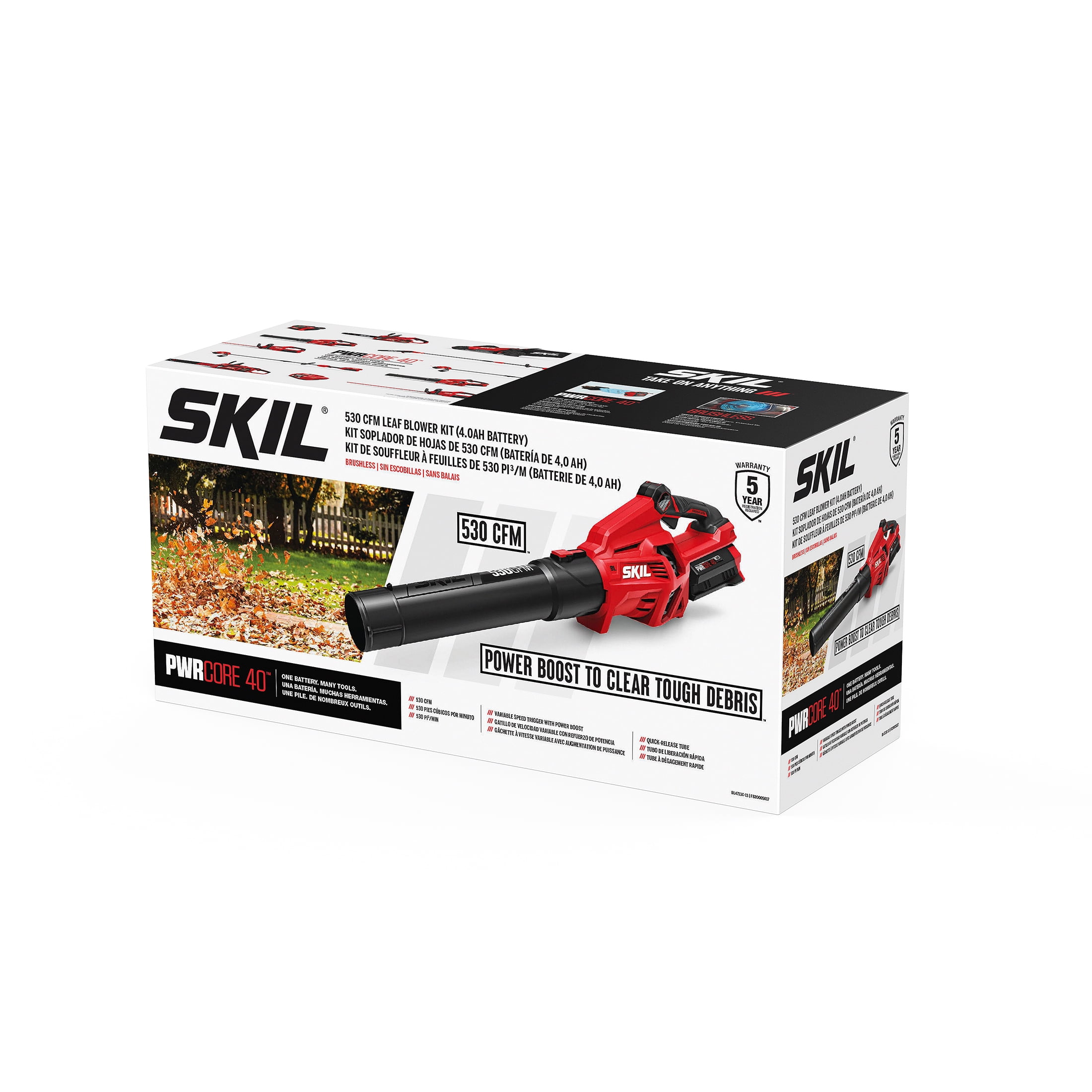 SKIL PWR CORE 40V Brushless 530 CFM 140 MPH Leaf Blower Kit with 4.0Ah Battery and Charger, BL4713C-13