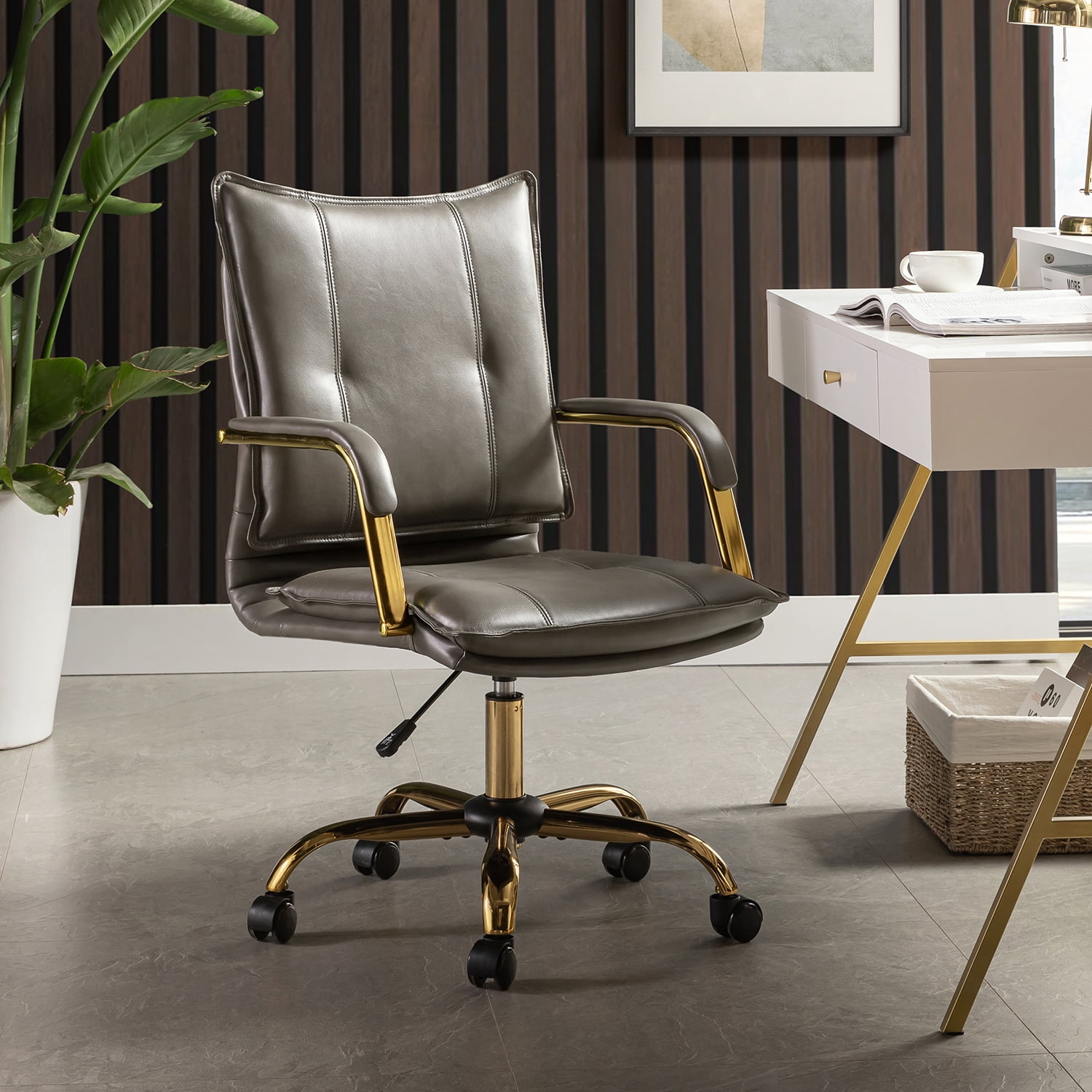 Faux Leather Office Chair Adjustable Swivel Desk Chair with Golden Legs and Arms Upholstered, Grey
