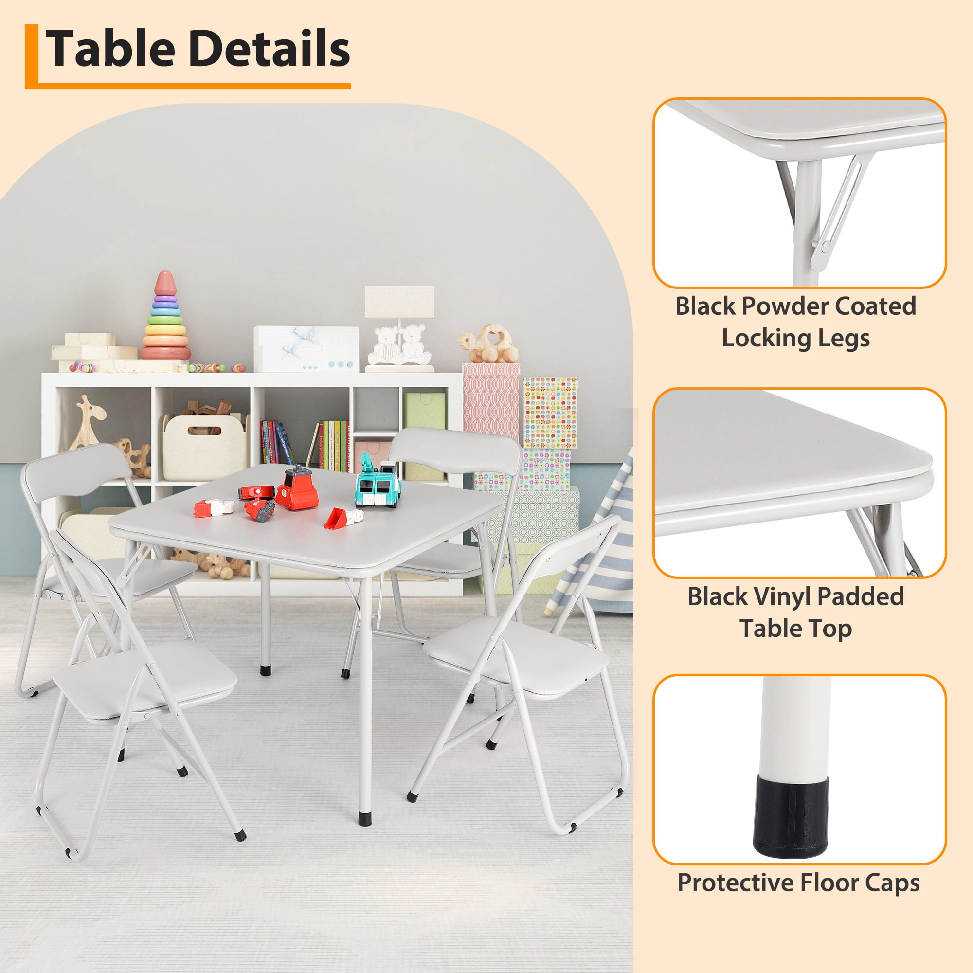 Black 5-Piece Kids Folding Table and Chair Set - Upholstered Metal Frame Activity Table Set for Eating, Reading & Playing