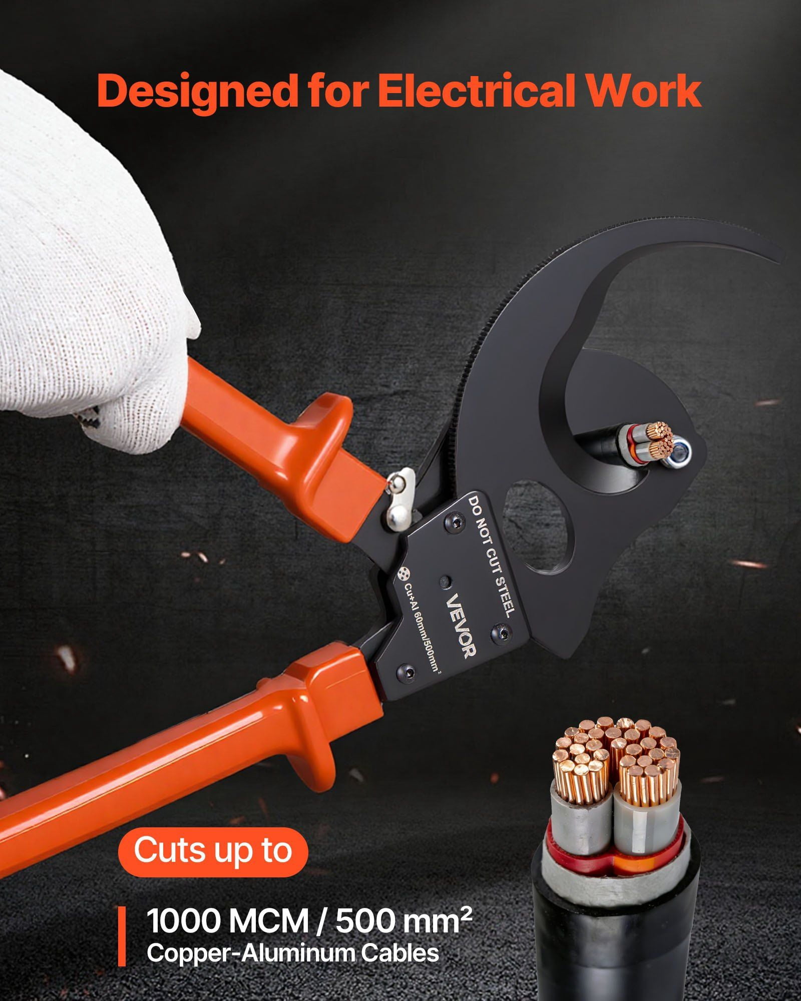 Ratcheting Cable Cutter, Spring Steel Blades with PVC-Coated Handles, Quick-Release Button, Heavy Duty Ratchet Cable Wire Cutter for Cutting Copper & Aluminum Cables Up to 1000 MCM / 500 mm²