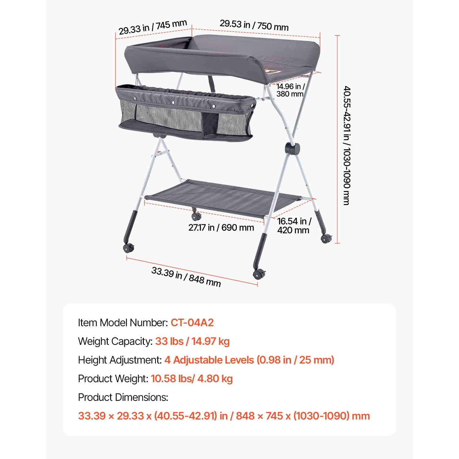KFFKFF Foldable Baby Changing Table with Adjustable Height, Portable Diaper Station Featuring Side Basket, Lockable Wheels, and Multi-Functional Storage Organizer for Nursery, Dark Gray