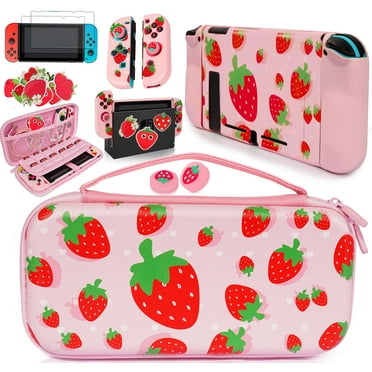 Cute Strawberry Carrying Case Compatible with Nintendo Switch (NOT OLED or Lite) with Dockable Protective Cover  Tempered Screen Protector  Stickers  Thumb Grip Caps, Pink Accessories Bundle for Girls