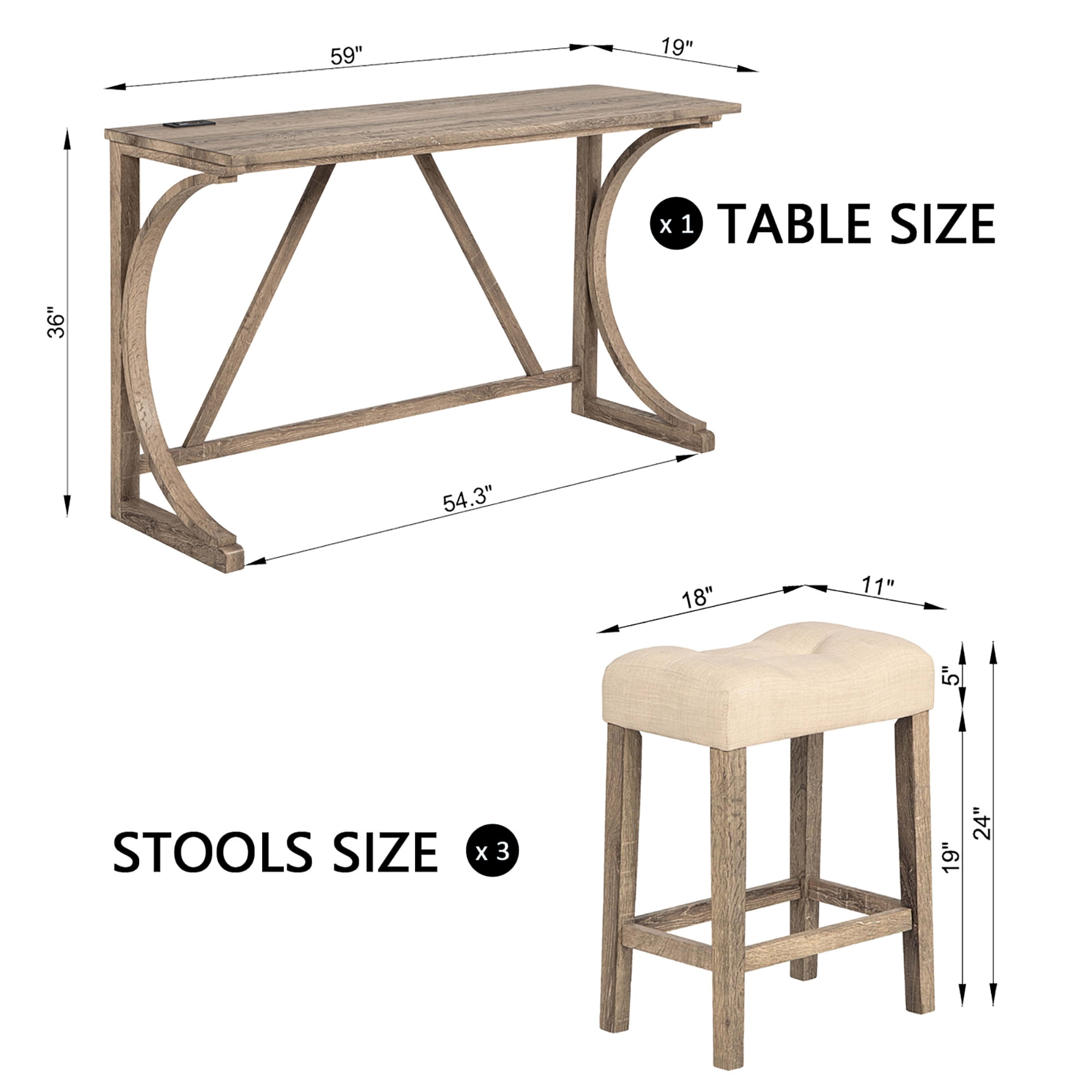 Gewnee 4 Piece Bar Table Set,Counter High Bar Table Set with Power Outlet and 3 Linen Chairs,Industrial Breakfast Table for Kitchen,Living Room.Brown