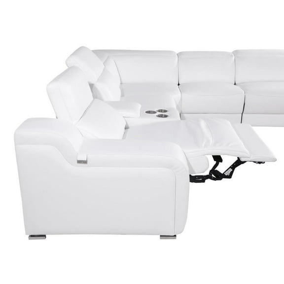 HomeRoots White Italian Leather Power Reclining Curved Seven Piece Corner Sectional