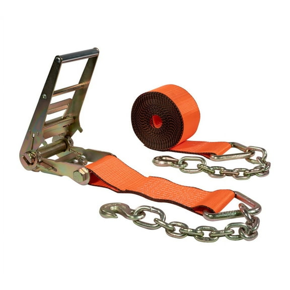 4" x 30' Orange Ratchet Strap with Chain Anchors - 6,667 WLL, High Abrasion