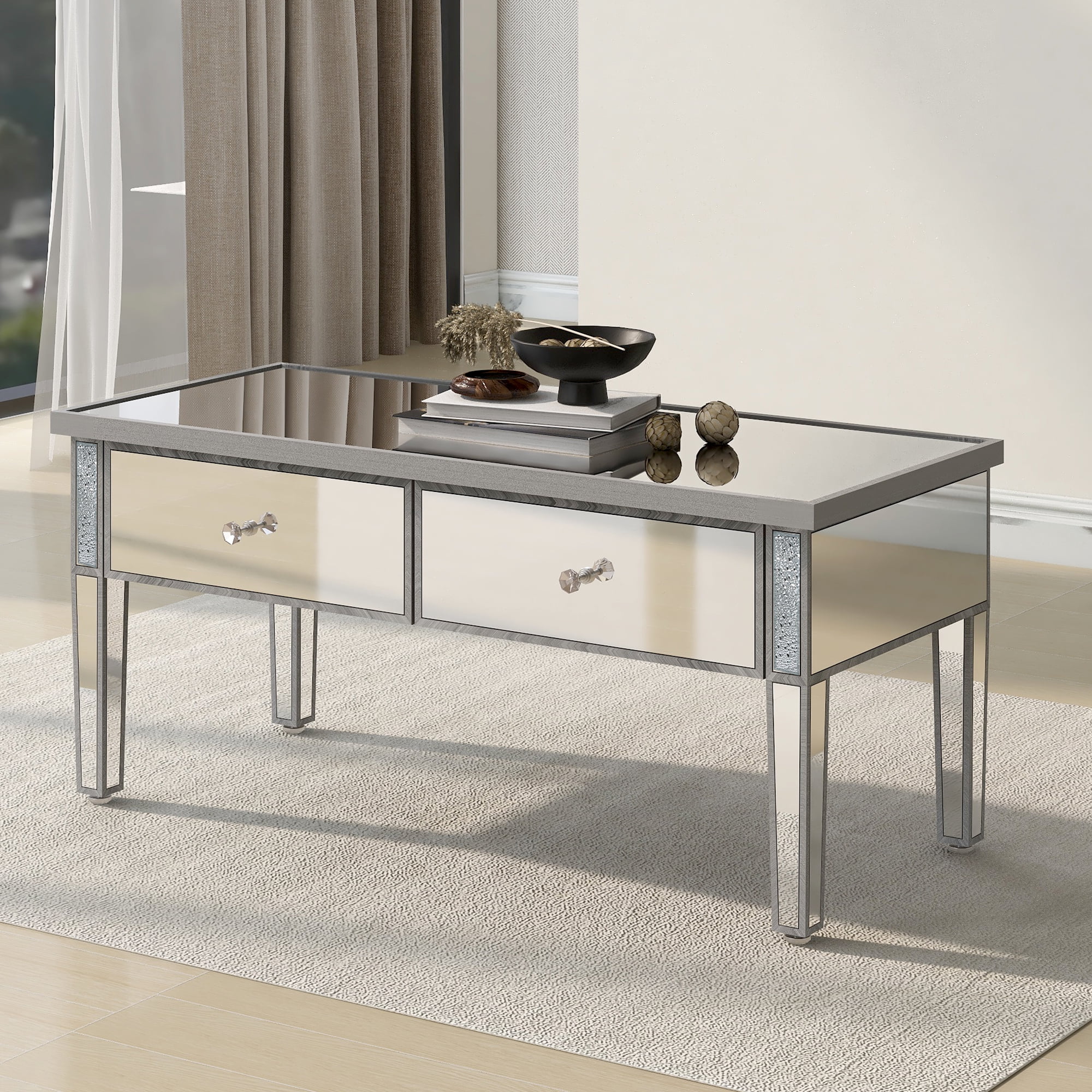 Modern Glass Mirrored Coffee Table with 2 Drawers, Cocktail Table with