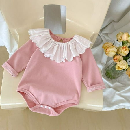 

DanceeMangoo New Spring Baby Long Sleeve Bodysuit Lace Collar Infant Girl Princess Jumpsuit Candy Color Baby Cotton Clothes