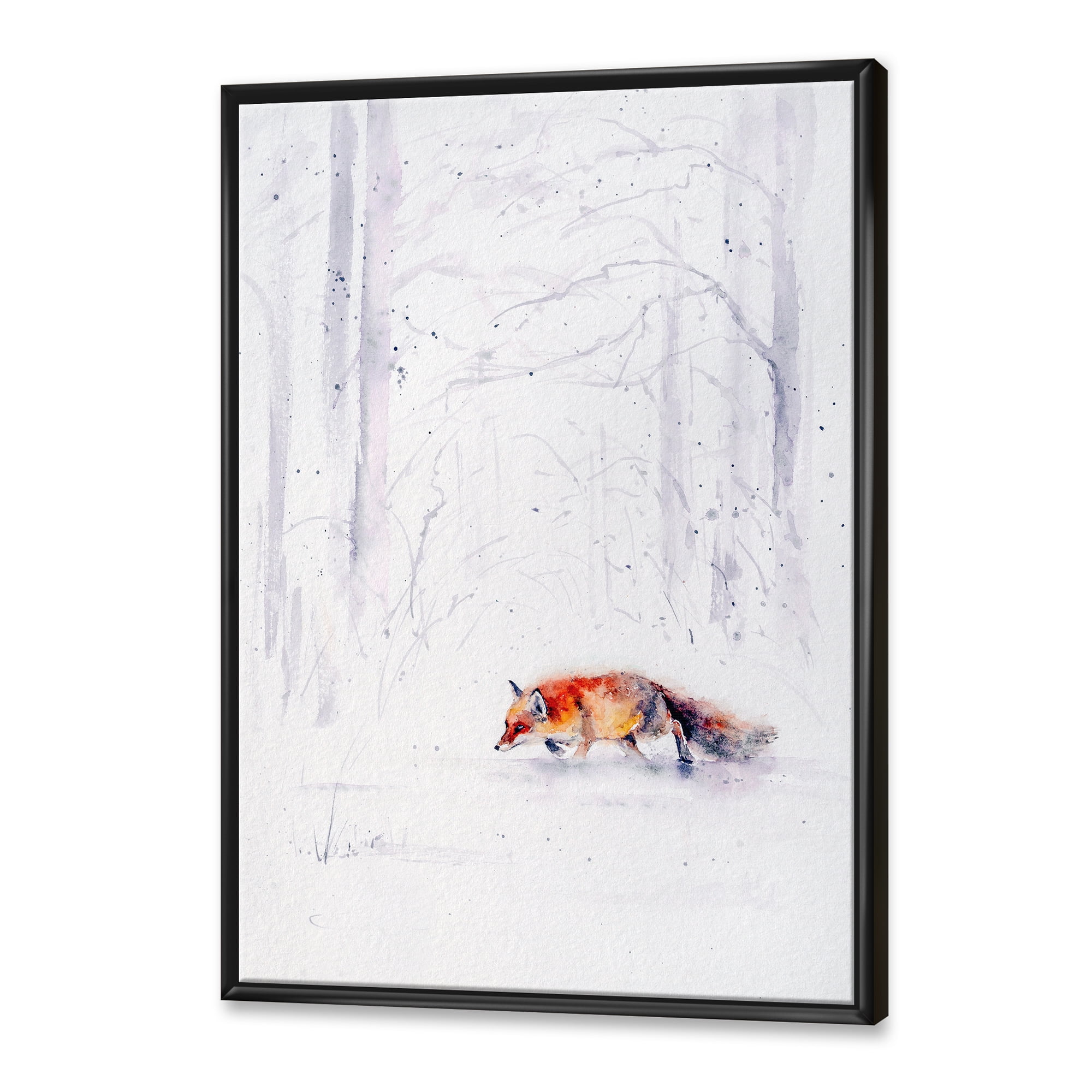 Designart 'Red Fox Running In White Snow in Countryside II' Farmhouse Framed Canvas Wall Art Print