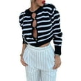 thumbnail image 3 of Qiylii Women Trendy Hollow-Out Knitted Tops, Crochet Stripe Crew Neck Long Sleeve Crop Tops for Ladies, Black, S/M/L, 3 of 9
