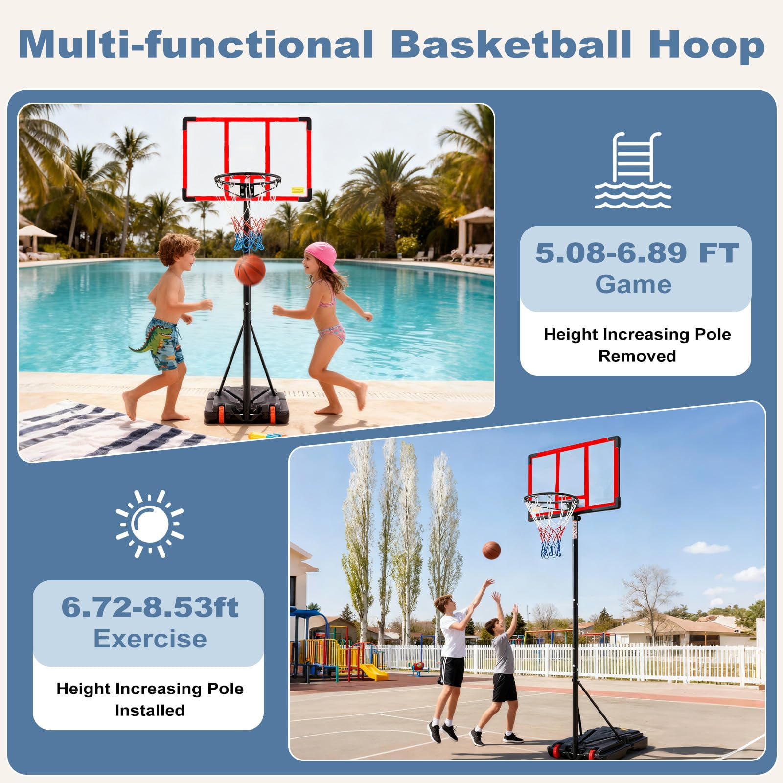 Atilioo Portable Basketball Hoop Stand with 44" Shatterproof Backboard, 5.08-8.53FT Adjustable Basketball Goal System, 2 Wheels, Fillable Base for Adults and Kids in Indoor/Outdoor, Red