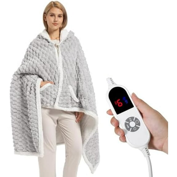 Electric Blanket Heated Throw, Soft Flannel & Sherpa Wearable Heated Blanket Hoodie, Heated Shawl Wraps for Gift with 6 Heating Levels & 12H Auto Off, ETL Certified, Home Office 40x70 Inch, Grey Plaid