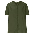 thumbnail image 3 of Fesfesfes Women's Linen T-shirt Featuring Ruffled V-neckline Front Placket Short Puff Sleeves Tee Solid Color Summer Loose Breathable Tops(Army Green,2XL), 3 of 5