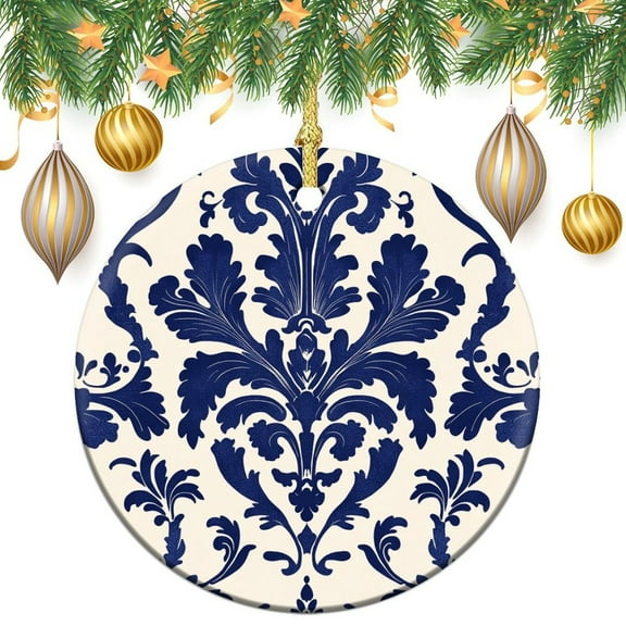 Christmas Ceramic Ornament Blue And White Chinoiserie 3" Circle Ceramic Ornament Blue Floral Xmas Trees Decorations Keepsake Gifts Funny Gifts for Women/Men