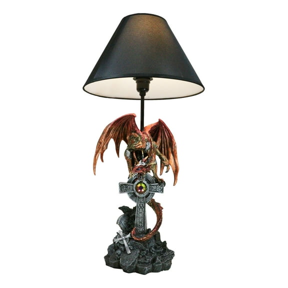 Red Gold Armored Dragon On Celtic Knotwork High Cross With Crystal Table Lamp