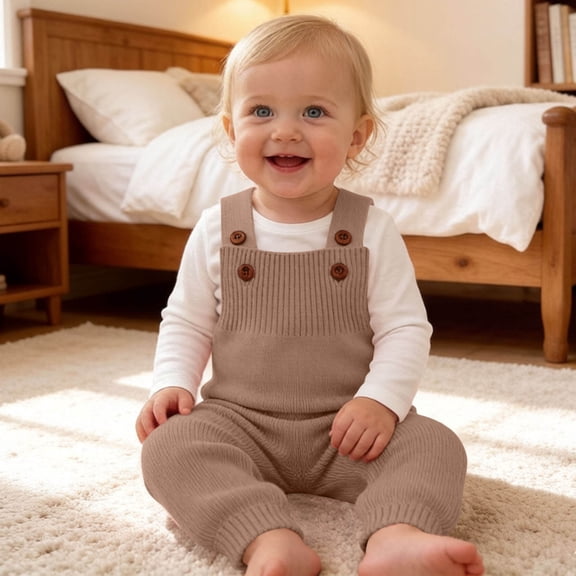 BRGZLK Baby Boys Girls Knit Overalls 2026 Autumn Winter Solid Color Knitted Jumpsuit Long Pants for Toddlers Newborn Infants Coffee 18-24 Months