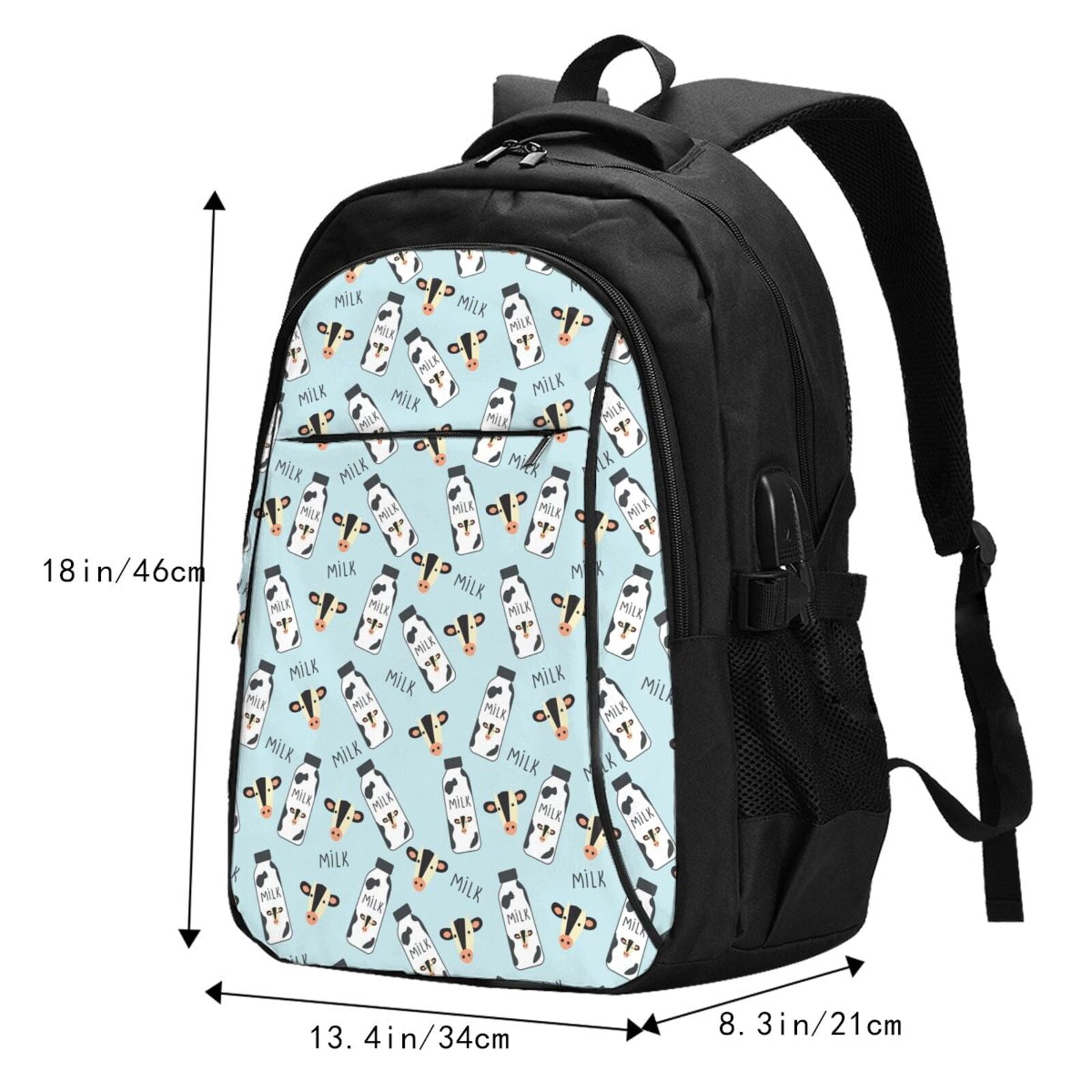 Vsdgher Milk Bottles And Cow Head Print Travel Laptop Backpack, Laptops Backpack with USB Charging Port, Water Resistant Computer Bag Gift for Men & Women