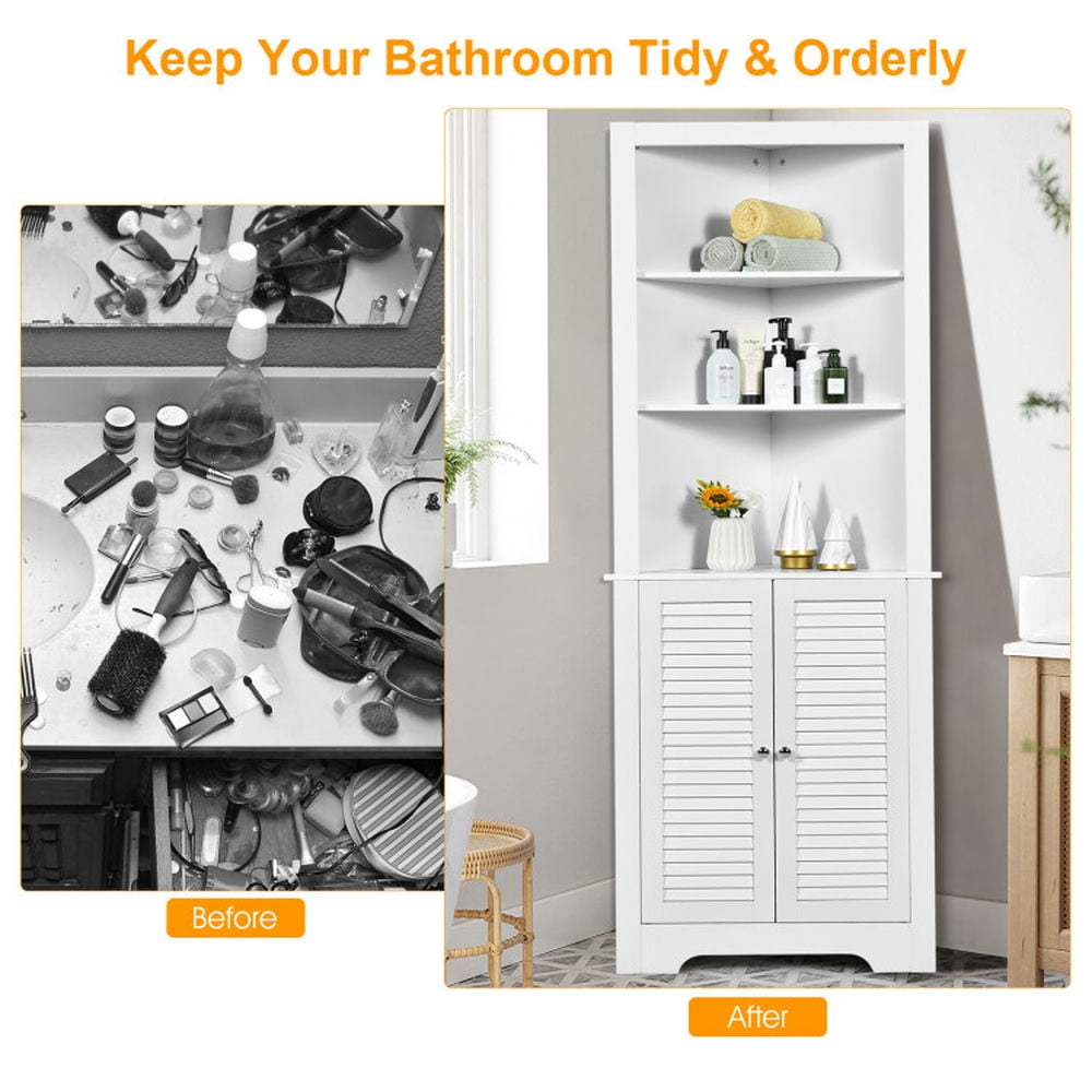 Finihen Bathroom Storage Cabinet, Bathroom Floor Cabinet, Free Standing Tall Bathroom Corner Storage Cabinet with 3 Shelves, for Bathroom, Living Room, Bedroom, Kitchen, White Finihen Bathroom Storage Cabinet, Bathroom Floor Cabinet, Free Standing Tall Bathroom Corner Storage Cabinet with 3 Shelves, for Bathroom, Living Room, Bedroom, Kitchen, White
