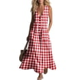 thumbnail image 4 of Maqroz Womens Button Down Sleeveless Pocket Cotton Linen Plaid Long Maxi Dress Casual Summer Beach Sundress Red M, 4 of 7