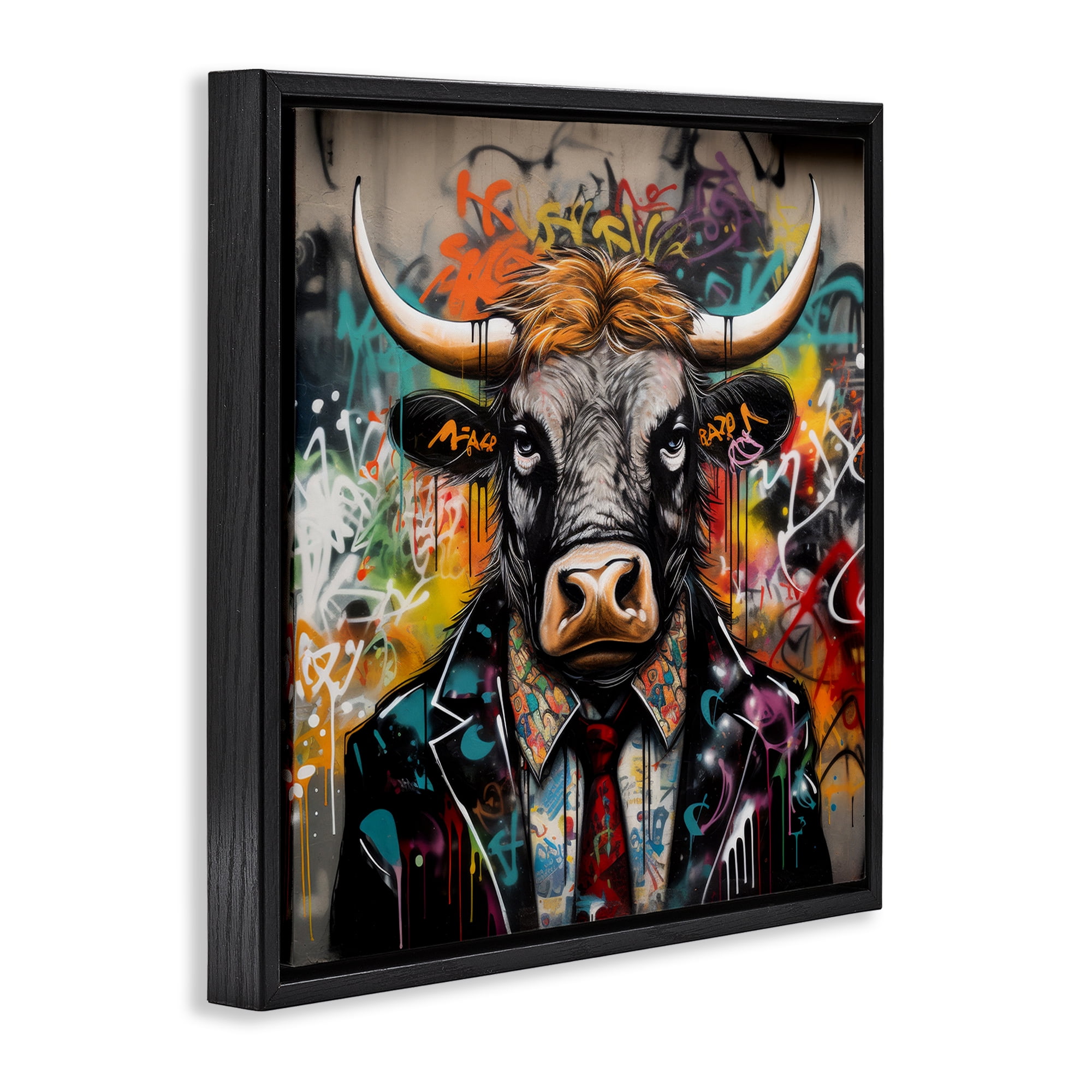 Stupell Industries Urban Graffiti Bull Animals & Insects Painting Black Floater Framed Canvas Art Print Wall Art, 25 x 25